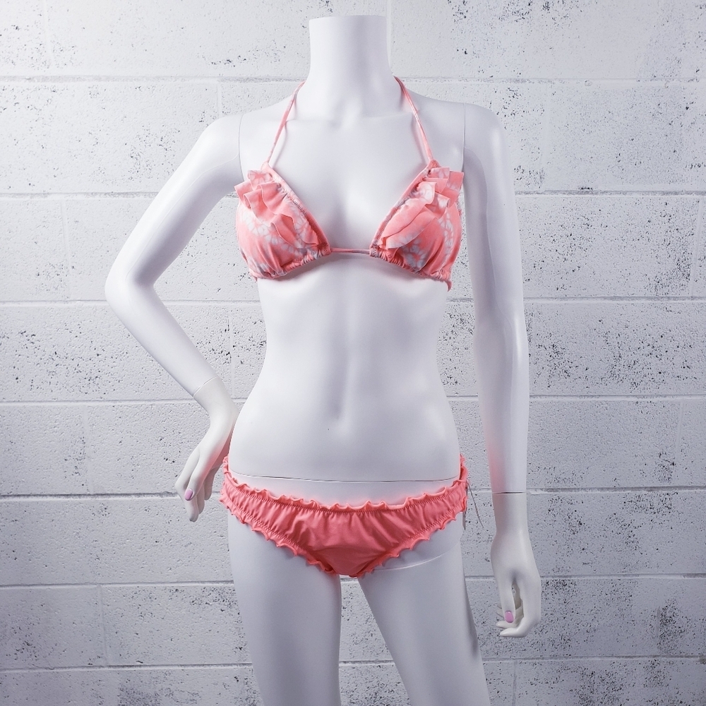 Victorias Secret Bikini Set Medium Teeny Triangle Ruffle‎ Cheeky Pink White